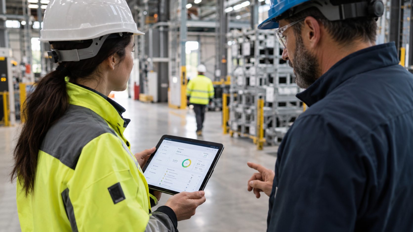 Preventieadviseur en ploegleider overlopen een rondgang op een tablet in een productiehal