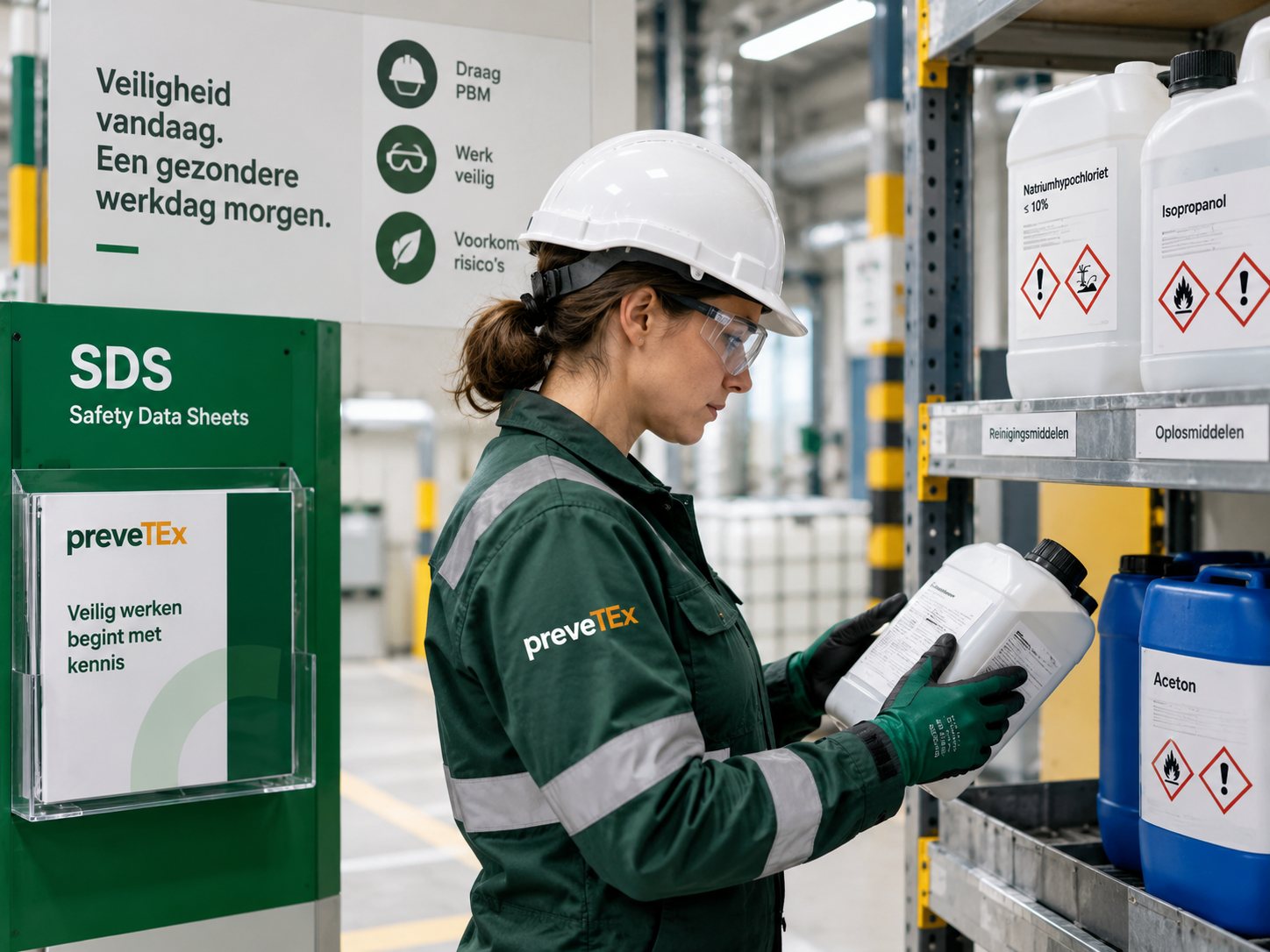 Een medewerker controleert het etiket van een product in het magazijn, naast het SDS-rek