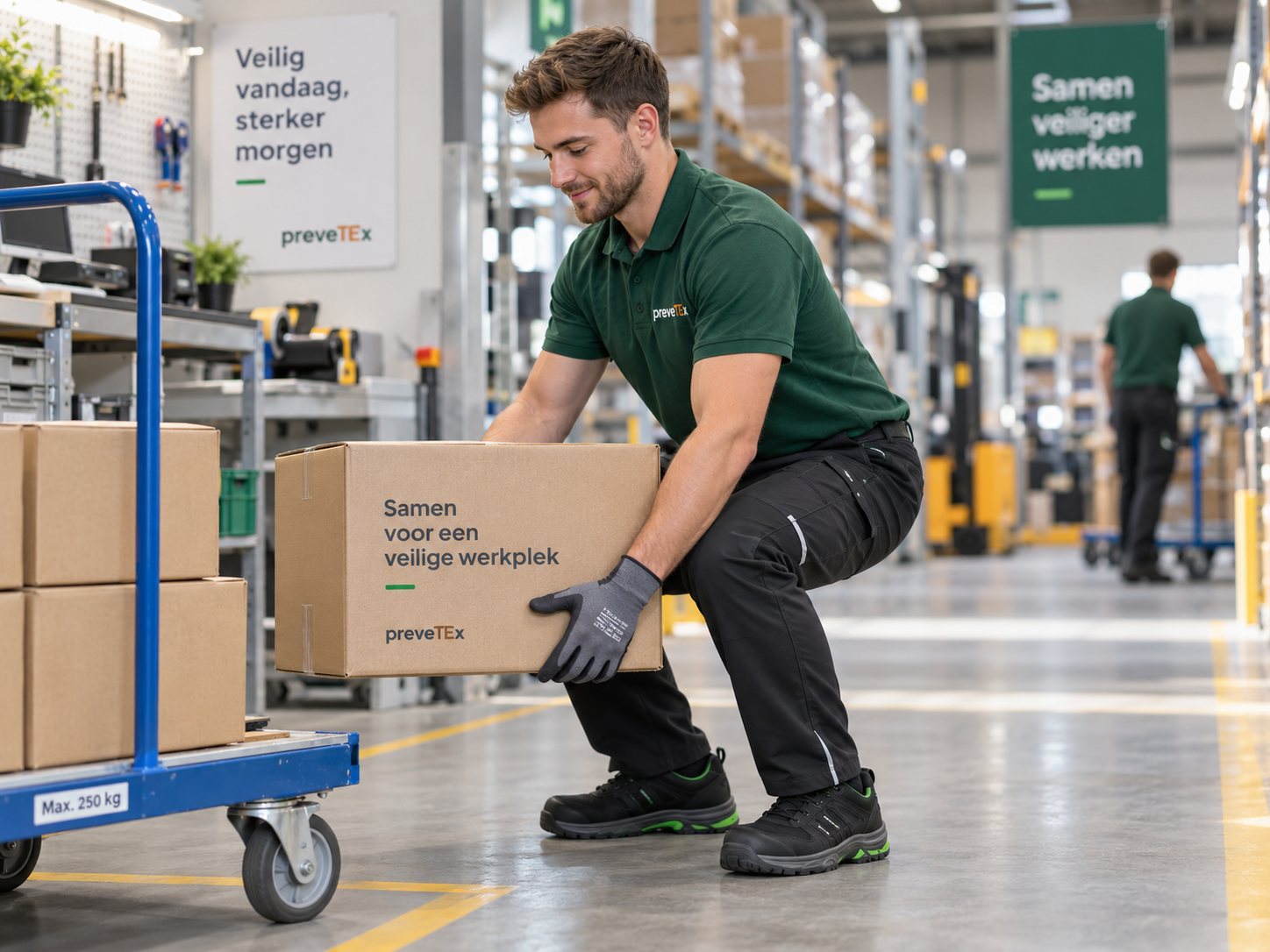 Een medewerker tilt een doos met rechte rug van een rolwagen